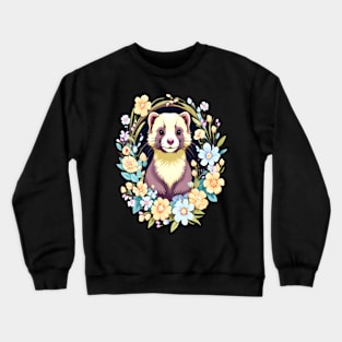 Cute Ferret with Floral Elements in Watercolor art Crewneck Sweatshirt